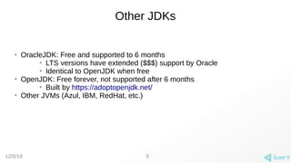 12/5/19
Other JDKs
➢
OracleJDK: Free and supported to 6 months
➢
LTS versions have extended ($$$) support by Oracle
➢
Identical to OpenJDK when free
➢
OpenJDK: Free forever, not supported after 6 months
➢
Built by https://adoptopenjdk.net/
➢
Other JVMs (Azul, IBM, RedHat, etc.)
5
 