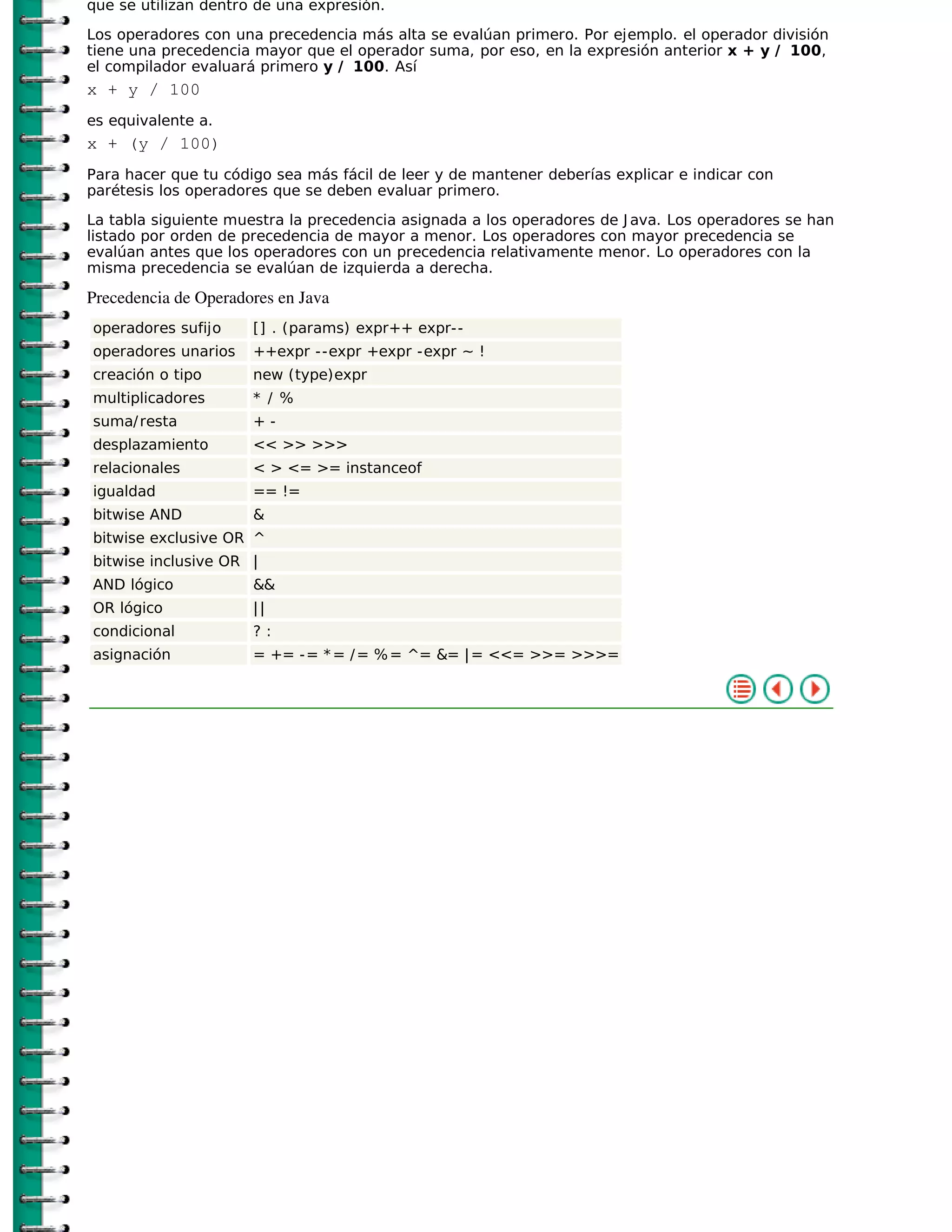 que se utilizan dentro de una expresión.
Los operadores con una precedencia más alta se evalúan primero. Por ejemplo. el operador división
tiene una precedencia mayor que el operador suma, por eso, en la expresión anterior x + y / 100,
el compilador evaluará primero y / 100. Así
x + y / 100
es equivalente a.
x + (y / 100)
Para hacer que tu código sea más fácil de leer y de mantener deberías explicar e indicar con
parétesis los operadores que se deben evaluar primero.

La tabla siguiente muestra la precedencia asignada a los operadores de J ava. Los operadores se han
listado por orden de precedencia de mayor a menor. Los operadores con mayor precedencia se
evalúan antes que los operadores con un precedencia relativamente menor. Lo operadores con la
misma precedencia se evalúan de izquierda a derecha.

Precedencia de Operadores en Java
operadores sufijo     [] . (params) expr++ expr--
operadores unarios    ++expr --expr +expr -expr ~ !
creación o tipo       new (type)expr
multiplicadores       * / %
suma/ resta           +-
desplazamiento        << >> >>>
relacionales          < > <= >= instanceof
igualdad              == !=
bitwise AND           &
bitwise exclusive OR ^
bitwise inclusive OR |
AND lógico            &&
OR lógico             ||
condicional           ?:
asignación            = += -= * = / = % = ^= &= | = <<= >>= >>>=
 
