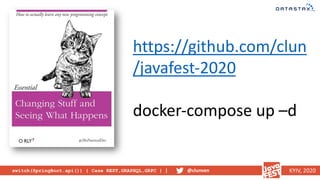 switch(SpringBoot.api()) { Case REST,GRAPHQL,GRPC } | @clunven KYIV, 2020
https://github.com/clun
/javafest-2020
docker-compose up –d
 