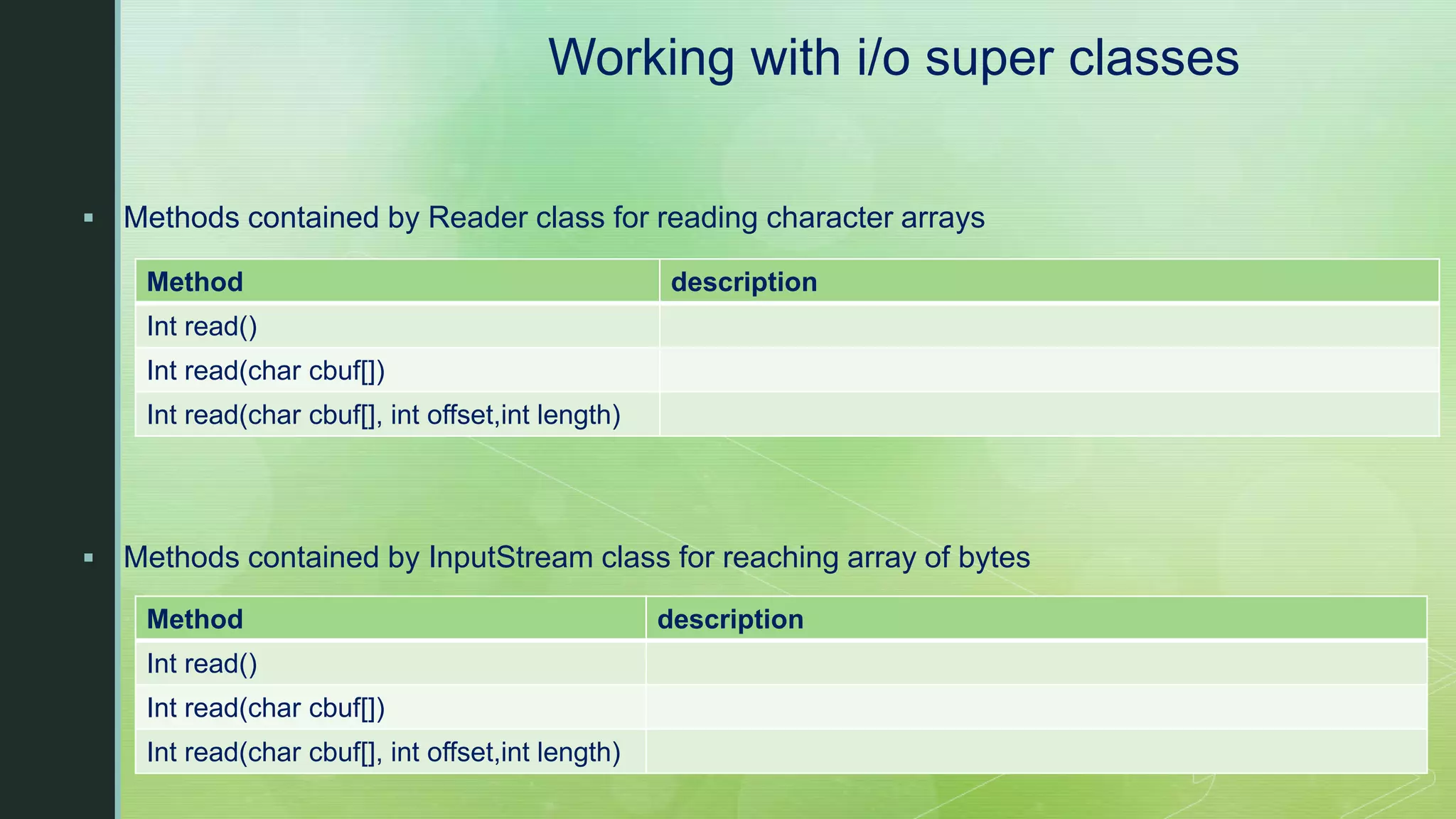 Working with i/o super classes  Methods contained by Reader class for reading character arrays  Methods contained by InputStream class for reaching array of bytes Method description Int read() Int read(char cbuf[]) Int read(char cbuf[], int offset,int length) Method description Int read() Int read(char cbuf[]) Int read(char cbuf[], int offset,int length) 