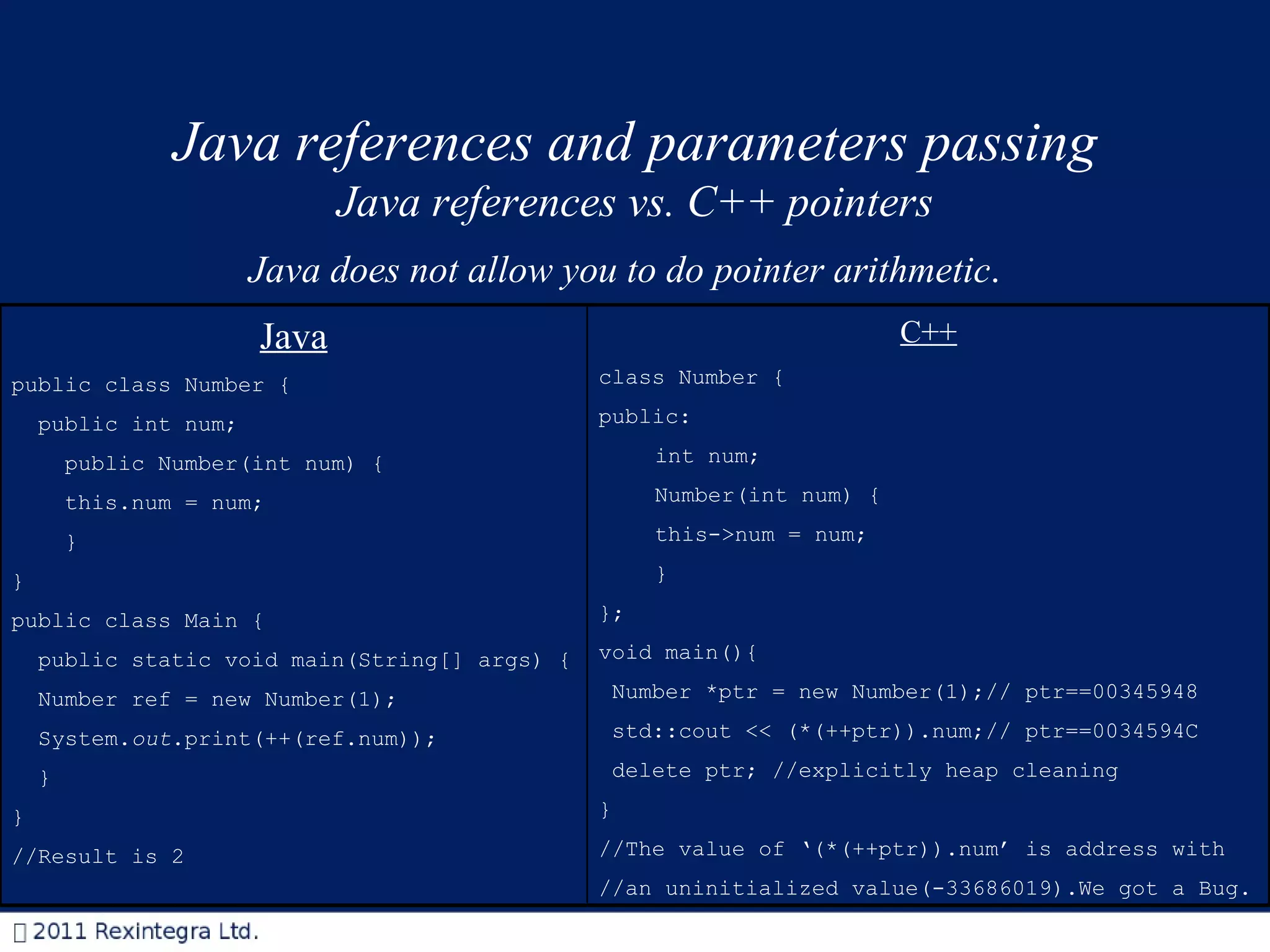 Java references and parameters passing Java references vs. C++ pointers Java does not allow you to do pointer arithmetic .  Java public class Number { public int num; public Number(int num) { this.num = num; } } public class Main { public static void main(String[] args) { Number ref = new Number(1); System. out .print(++(ref.num)); } } //Result is 2 C++ class Number   { public: int num; Number(int n um )   { this-> num = n um ; } }; void main(){ Number * ptr  = new Number(1); // ptr==00345948 std::cout << (*(++ ptr )).num; // ptr==0034594C delete  ptr ;  //explicitly heap cleaning } //The value of ‘ (*(++ ptr )).num ’ is address with //an uninitialized value(-33686019).We got a Bug. 