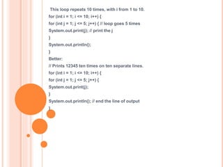This loop repeats 10 times, with i from 1 to 10.
for (int i = 1; i <= 10; i++) {
for (int j = 1; j <= 5; j++) { // loop goes 5 times
System.out.print(j); // print the j
}
System.out.println();
}
Better:
// Prints 12345 ten times on ten separate lines.
for (int i = 1; i <= 10; i++) {
for (int j = 1; j <= 5; j++) {
System.out.print(j);
}
System.out.println(); // end the line of output
}
 