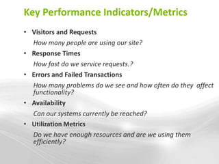 Key Performance Indicators/Metrics
• Visitors and Requests
  How many people are using our site?
• Response Times
  How fast do we service requests.?
• Errors and Failed Transactions
  How many problems do we see and how often do they affect
  functionality?
• Availability
  Can our systems currently be reached?
• Utilization Metrics
  Do we have enough resources and are we using them
  efficiently?
 