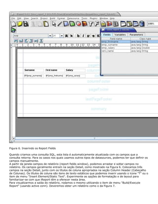 Figura 6. Inserindo os Report Fields

Quando criamos uma consulta SQL, esta lista é automaticamente atualizada com os campos que a
consulta retorna. Para os casos nos quais usamos outros tipos de datasources, podemos ter que definir os
campos manualmente.
A partir da janela campos de relatório (report fields window), podemos arrastar e soltar campos no
relatório. Os campos geralmente entram na seção Detail, como mostrado na Figura 6. Colocamos três
campos na seção Detail, junto com os títulos de coluna apropriados na seção Column Header (Cabeçalho
de Colunas). Os títulos de coluna são itens de texto estáticos que podemos inserir usando o ícone "T" ou o
item de menu "Insert Element/Static Text". Experimente as opções de formatação e de layout para
familiarizar-se com que iReport têm a oferecer nesta área.
Para visualizarmos a saída do relatório, rodamos o mesmo utilizando o item de menu "Build/Execute
Report” (usando active conn). Deveremos obter um relatório como o da Figura 7.
 