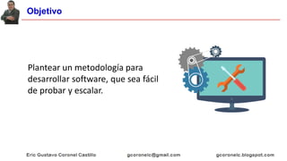 Objetivo
Plantear un metodología para
desarrollar software, que sea fácil
de probar y escalar.
 