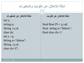 ‫وانًرغيزاخ‬ ‫انثىاتد‬ ٍ‫ع‬ ٌ‫نالعال‬ ‫ايثهح‬
‫اٌّحبػش‬:ٟ‫اٌذسٚل‬ ٌُ‫سب‬
27
‫ايثهت‬‫انًخغٍزاث‬ ٍ‫ع‬ ٌ‫نالعال‬
int x;
string n;
String t,c,d;
char ch;
int x =4;
String n="Salem";
String t,c,d;
char ch='C';
ٍ‫ع‬ ٌ‫نالعال‬ ‫ايثهت‬‫انثىابج‬
final float PI = 3.14f;
final string n="Salem";
final char ch='c'
 