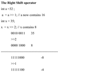 The Right Shift operator
int a =32 ;
a = a >> 1; // a now contains 16
int x = 35;
x = x >> 2; // x contains 8
0010 0011 35
>>2
0000 1000 8
---------------------------------------------------
11111000 -8
>>1
11111100 -4
 