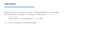 Project Panama
http://openjdk.java.net/projects/panama/
MethodHandles.Lookup lookup = MethodHandles.lookup();
Methodhandle getpid = lookup.findNative("unistd",
"getpid",
MethodType.methodType(int.class));
int pid = getpid.invokeExact();
 
