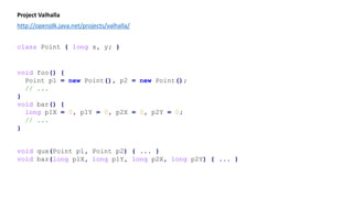 Project Valhalla
http://openjdk.java.net/projects/valhalla/
class Point { long x, y; }
void foo() {
Point p1 = new Point(), p2 = new Point();
// ...
}
void bar() {
long p1X = 0, p1Y = 0, p2X = 0, p2Y = 0;
// ...
}
void qux(Point p1, Point p2) { ... }
void baz(long p1X, long p1Y, long p2X, long p2Y) { ... }
 