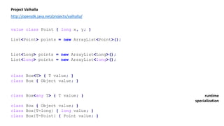 Project Valhalla
http://openjdk.java.net/projects/valhalla/
value class Point { long x, y; }
List<Point> points = new ArrayList<Point>();
List<Long> points = new ArrayList<Long>();
List<long> points = new ArrayList<long>();
class Box<T> { T value; }
class Box { Object value; }
class Box<any T> { T value; }
class Box { Object value; }
class Box{T=long} { long value; }
class Box{T=Point} { Point value; }
runtime
specialization
 