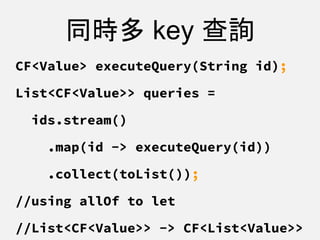 同時多 key 查詢
CF<Value> executeQuery(String id);
List<CF<Value>> queries =
ids.stream()
.map(id -> executeQuery(id))
.collect(toList());
//using allOf to let
//List<CF<Value>> -> CF<List<Value>>
 