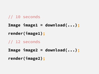 // 10 seconds
Image image1 = download(...);
render(image1);
// 12 seconds
Image image2 = download(...);
render(image2);
 