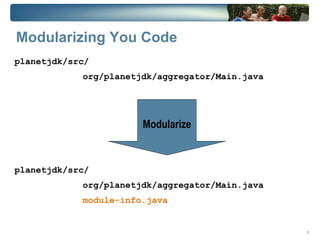 Modularizing You Code
planetjdk/src/
            org/planetjdk/aggregator/Main.java




                       Modularize


planetjdk/src/
            org/planetjdk/aggregator/Main.java
            module-info.java


                                                 8
 