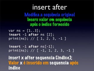 insert after
        Modiﬁca a sequência original
         Insere valor em sequência
           após o índice fornecido
var ns = [1..3];
insert -1 after ns [2];
print(ns); // [ 1, 2, 3, -1 ]

insert -1 after ns[-1];
print(ns); // [ -1, 1, 2, 3, -1 ]

insert x after sequencia [indice];
Valor x é inserido em sequencia após
indice
 