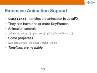 Extensive Animation Support Timelines   handles the animation in JavaFX They can have one or more KeyFrames Animation controls play() ,  stop() ,  pause() ,  playFromStart() Some properties autoReverse ,  repeatCount ,  rate Timelines are nestable 