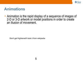 Animations Animation is the rapid display of a sequence of images of 2-D or 3-D artwork or model positions in order to create an illusion of movement.  Don't get frightened!I took it from wikipedia 