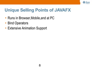 Unique Selling Points of JAVAFX Runs in Browser,Mobile,and at PC Bind Operators Extensive Animation Support 