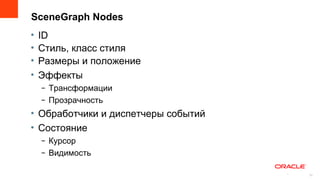 SceneGraph Nodes
•   ID
•   Стиль, класс стиля
•   Размеры и положение
•   Эффекты
    – Трансформации
    – Прозрачность
• Обработчики и диспетчеры событий
• Состояние
    – Курсор
    – Видимость

                                     12
                                          12
 