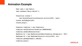 Animation Example
     Text text = new Text();
     text.setText(“Hello World!”);


     Transition rotate =
        new RotateTransition(Duration.millis(1000), text);
     rotate.setToAngle(180);
     rotate.play();


     Timeline timeline = new Timeline();
     timeline.setCycleCount(Timeline.INDEFINITE);
     timeline.setAutoReverse(true);
     KeyValue kv = new KeyValue(rectBasicTimeline.xProperty(), 300);
     KeyFrame kf = new KeyFrame(Duration.millis(500), kv);
     timeline.getKeyFrames().add(kf);
     timeline.play();

                                                                       17
                                                                            17
 