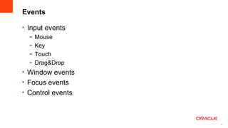 Events

• Input events
  –   Mouse
  –   Key
  –   Touch
  –   Drag&Drop
• Window events
• Focus events
• Control events



                   19
                        19
 