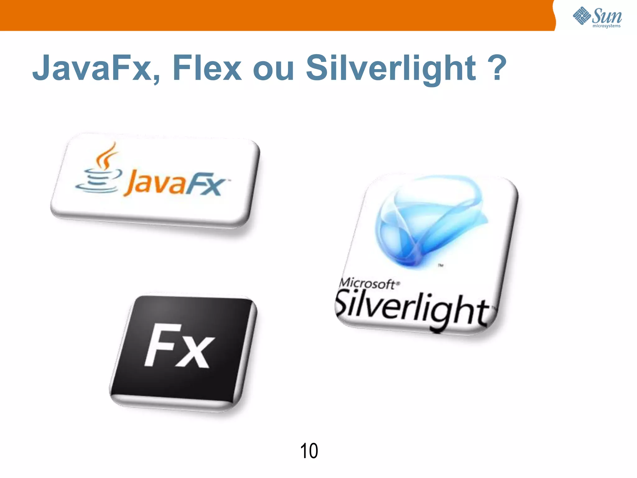 JavaFx, Flex ou Silverlight ?




                10
 