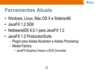 Ferramentas Atuais
•   Windows, Linux, Mac OS X e Solarisx86
•   JavaFX 1.2 SDK
•   NetbeansIDE 6.5.1 para JavaFX 1.2
•   JavaFX 1.2 ProductionSuite
    – Plugin para Adobe Illustrator e Adobe Photoshop
    – Media Factory
       • JavaFX Graphics Viewer e SVG Converter




                              17
 