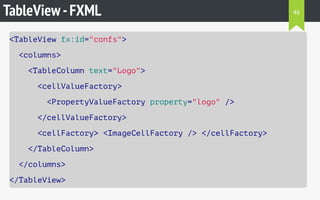 TableView-FXML
<TableView fx:id="confs">
<columns>
<TableColumn text="Logo">
<cellValueFactory>
<PropertyValueFactory property="logo" />
</cellValueFactory>
<cellFactory> <ImageCellFactory /> </cellFactory>
</TableColumn>
</columns>
</TableView>
46
 
