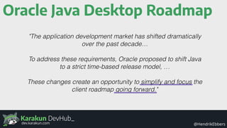 Karakun DevHub_
@HendrikEbbersdev.karakun.com
Oracle Java Desktop Roadmap
"The application development market has shifted dramatically
over the past decade…
To address these requirements, Oracle proposed to shift Java
to a strict time-based release model, …
These changes create an opportunity to simplify and focus the
client roadmap going forward."
 
