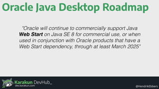 Karakun DevHub_
@HendrikEbbersdev.karakun.com
Oracle Java Desktop Roadmap
"Oracle will continue to commercially support Java
Web Start on Java SE 8 for commercial use, or when
used in conjunction with Oracle products that have a
Web Start dependency, through at least March 2025"
 