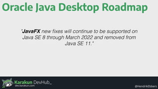 Karakun DevHub_
@HendrikEbbersdev.karakun.com
Oracle Java Desktop Roadmap
"JavaFX new ﬁxes will continue to be supported on
Java SE 8 through March 2022 and removed from
Java SE 11."
 