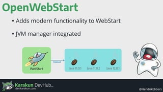 Karakun DevHub_
@HendrikEbbersdev.karakun.com
OpenWebStart
• Adds modern functionality to WebStart
• JVM manager integrated
WebStart Java 11.0.1 Java 11.0.2 Java 12.0.1
manage
 