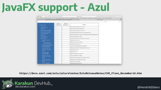 Karakun DevHub_
@HendrikEbbersdev.karakun.com
JavaFX support - Azul
https://docs.azul.com/zulu/zulurelnotes/ZuluReleaseNotes/CVE_Fixes_November19.htm
 