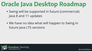 Karakun DevHub_
@HendrikEbbersdev.karakun.com
Oracle Java Desktop Roadmap
• Swing will be supported in future (commercial)
Java 8 and 11 updates
• We have no idea what will happen to Swing in
future Java LTS versions
 