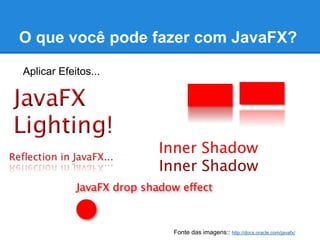 O que você pode fazer com JavaFX?
Aplicar Efeitos...
Fonte das imagens:: http://docs.oracle.com/javafx/
 