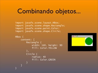 Combinando objetos...
import   javafx.scene.layout.HBox;
import   javafx.scene.shape.Rectangle;
import   javafx.scene.paint.Color;
import   javafx.scene.shape.Circle;

HBox {
    content: [
        Rectangle {
            width: 140, height: 90
            fill: Color.YELLOW
        },
        Circle {
            radius: 40
            fill: Color.GREEN
        }
    ]
}
 