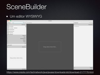 SceneBuilder
Um editor WYSIWYG
https://www.oracle.com/technetwork/java/javase/downloads/sb2download-2177776.html
 