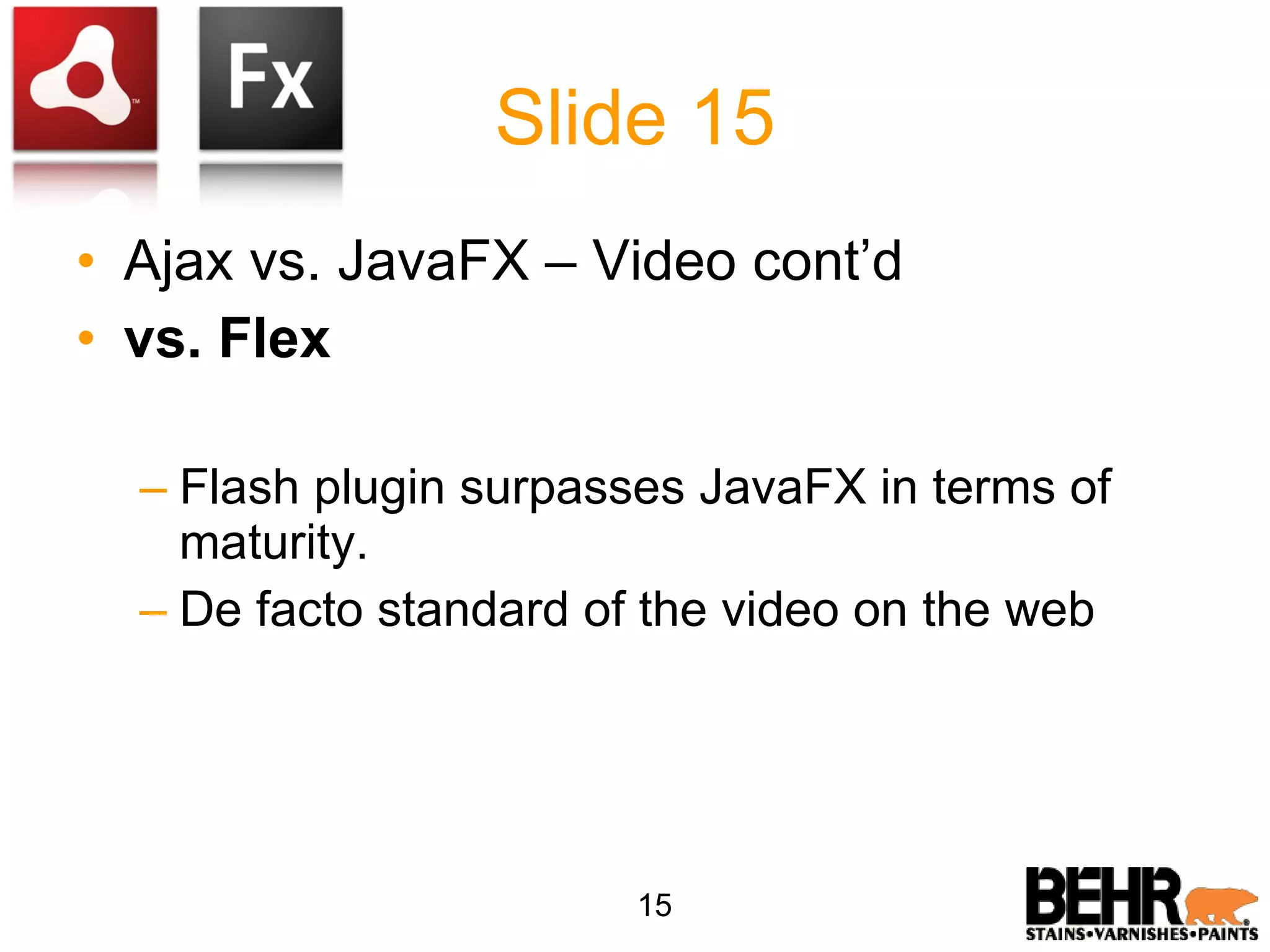 Slide 15 Ajax vs. JavaFX – Video cont’d vs. Flex Flash plugin surpasses JavaFX in terms of maturity. De facto standard of the video on the web 15 