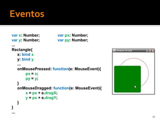 var x: Number;             var px: Number;
var y: Number;             var py: Number;
...
Rectangle{
    x: bind x
    y: bind y
    ...
    onMousePressed: function(e: MouseEvent){
         px = x;
         py = y;
    }
    onMouseDragged: function(e: MouseEvent){
         x = px + e.dragX;
         y = px + e.dragY;
    }
}
...
                                               16
 