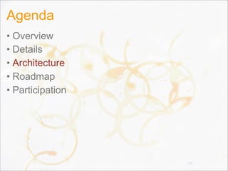 Agenda
• Overview
• Details
• Architecture
• Roadmap
• Participation
136
 
