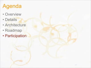 Agenda
• Overview
• Details
• Architecture
• Roadmap
• Participation
147
 