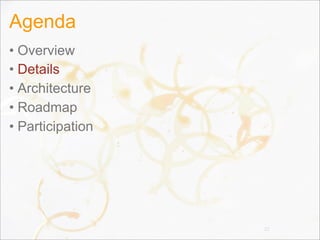 Agenda
• Overview
• Details
• Architecture
• Roadmap
• Participation
22
 