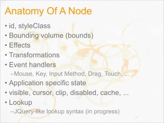 Anatomy Of A Node
• id, styleClass
• Bounding volume (bounds)
• Effects
• Transformations
• Event handlers
–Mouse, Key, Input Method, Drag, Touch, ...
• Application specific state
• visible, cursor, clip, disabled, cache, ...
• Lookup
–JQuery-like lookup syntax (in progress)
29
 