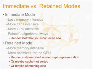 Immediate vs. Retained Modes
• Immediate Mode
–Less memory intensive
–More CPU intensive
–More GPU intensive
–Painter’s algorithm always
• Render stuff that you won’t even see
• Retained Mode
–More memory intensive
–More optimized for the GPU
• Render a state-sorted scene graph representation
• Or maybe cache-hot sorted
• Or maybe something else 34
 
