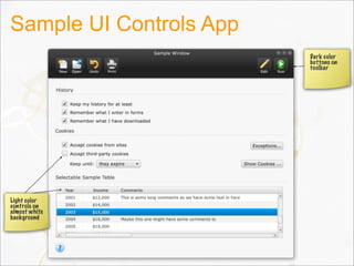 Sample UI Controls App
Light color
controls on
almost white
background
Dark color
buttons on
toolbar
 