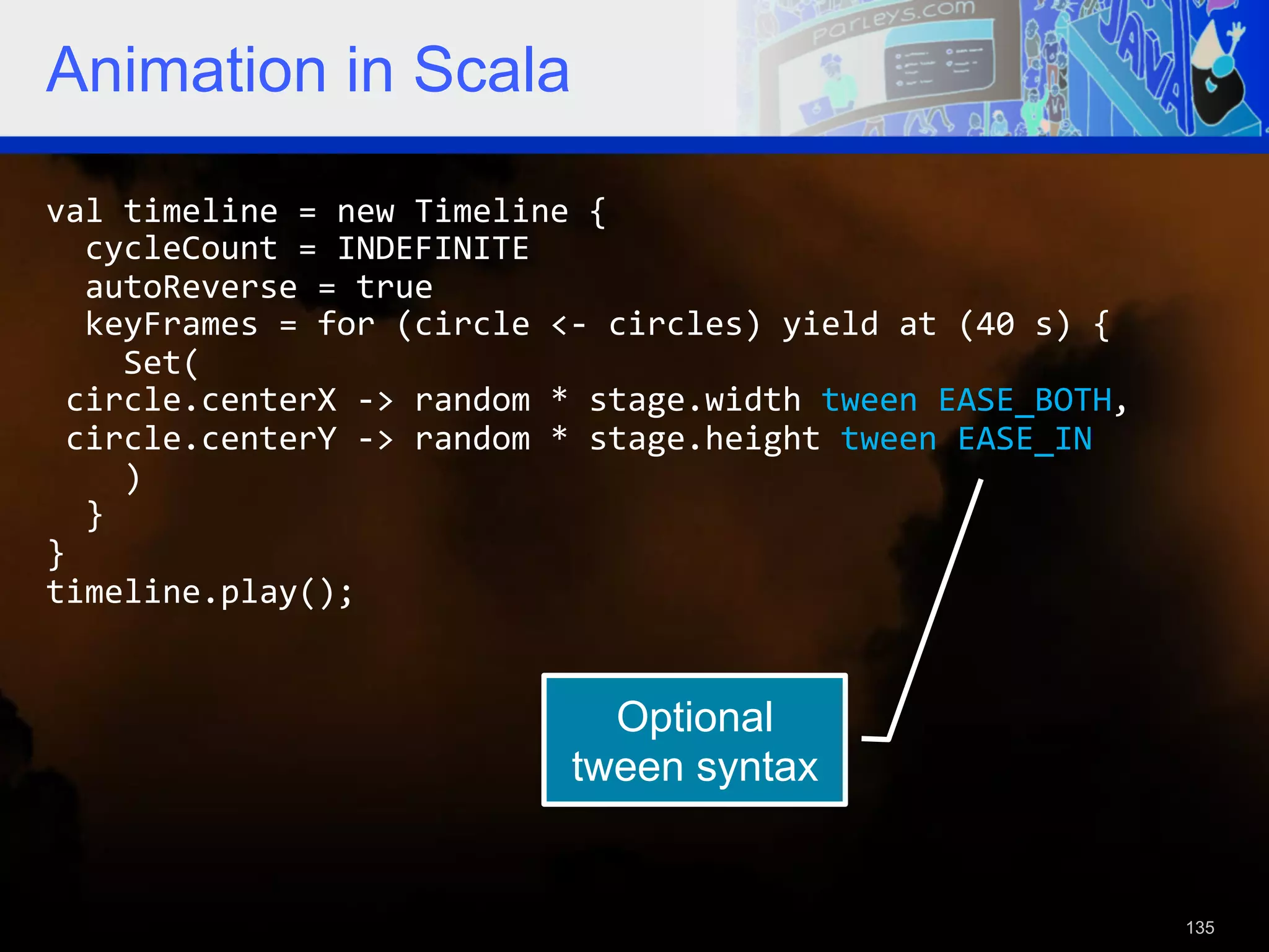 Animation in Scala val  timeline  =  new  Timeline  {      cycleCount  =  INDEFINITE      autoReverse  =  true      keyFrames  =  for  (circle  <-­‐  circles)  yield  at  (40  s)  {          Set(    circle.centerX  -­‐>  random  *  stage.width  tween  EASE_BOTH,    circle.centerY  -­‐>  random  *  stage.height  tween  EASE_IN          )      }   }   timeline.play();   Optional tween syntax 135 