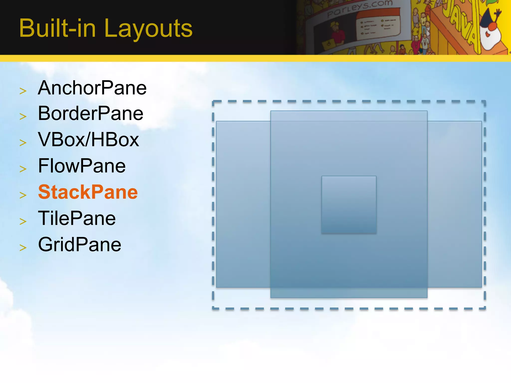 Built-in Layouts >  AnchorPane >  BorderPane >  VBox/HBox >  FlowPane >  StackPane >  TilePane >  GridPane 