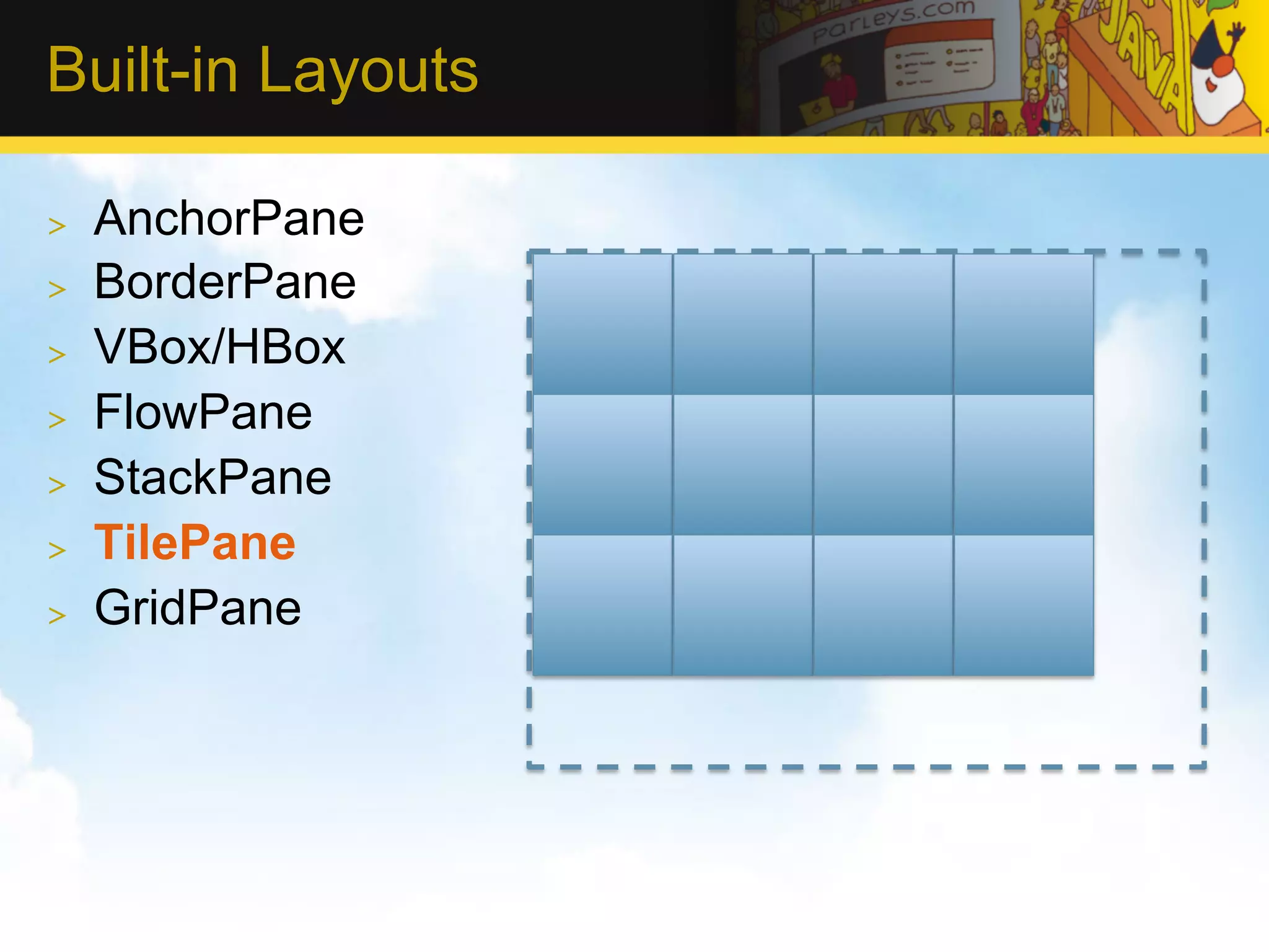 Built-in Layouts >  AnchorPane >  BorderPane >  VBox/HBox >  FlowPane >  StackPane >  TilePane >  GridPane 