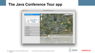 The Java Conference Tour app




35   Copyright © 2011, Oracle and/or its affiliates. All rights   Insert Information Protection Policy Classification from Slide 8
     reserved.
 