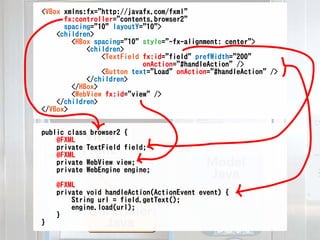<VBox xmlns:fx="http://javafx.com/fxml"
      fx:controller="contents.browser2"
      spacing="10" layoutY="10">
    <children>
        <HBox spacing="10" style="-fx-alignment: center">
            <children>
                <TextField fx:id="field" prefWidth="200"
                           onAction="#handleAction" />
                <Button text="Load" onAction="#handleAction" />
            </children>
        </HBox>
        <WebView fx:id="view" />
    </children>
</VBox>


public class browser2 {
    @FXML View
    private TextField field;
    @FXML FXML
    private WebView view;
    private WebEngine engine;
                                           Model
                                            Java
    @FXML
    private void handleAction(ActionEvent event) {
        String url = field.getText();
        engine.load(url);
    }       Controller
}             Java
 