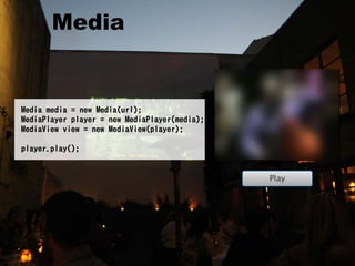 Web/HTML
  Media


Media media = new Media(url);
MediaPlayer player = new MediaPlayer(media);
MediaView view = new MediaView(player);

player.play();
 